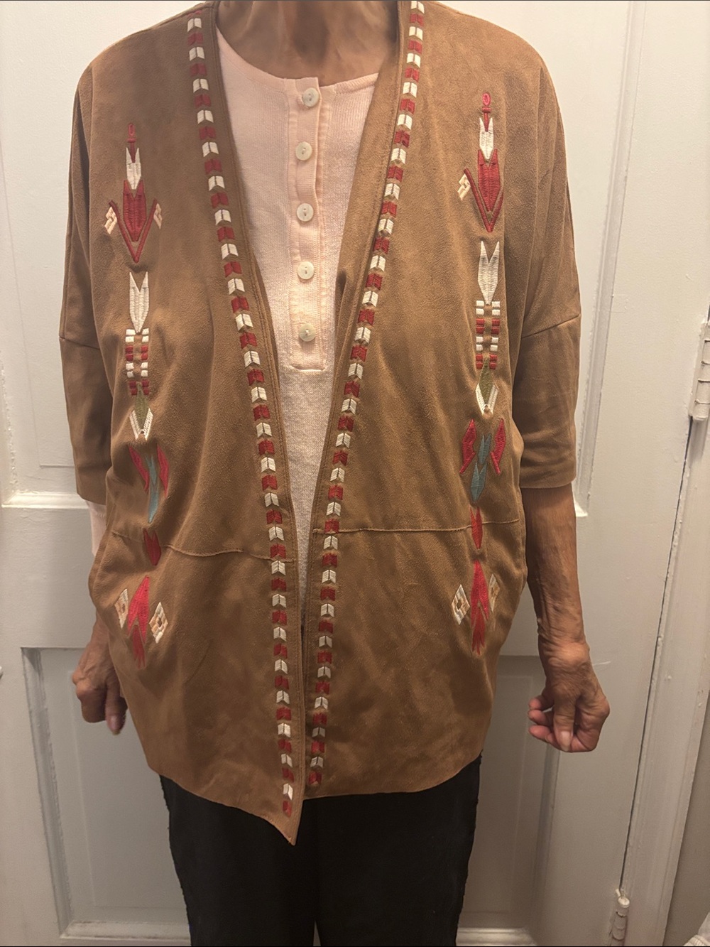 Faux Suede Open Jacket with Embroidery